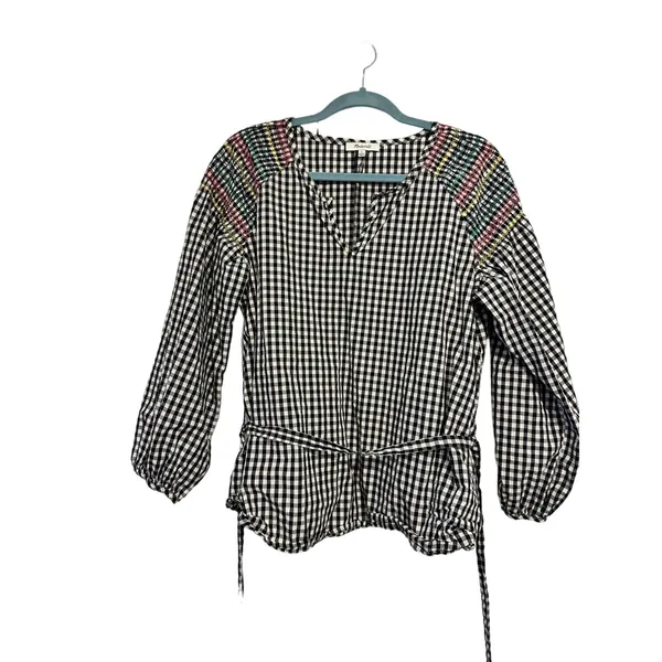Madewell Boho Black‎ and White Checkered Top with Tie Waist L - Image 4