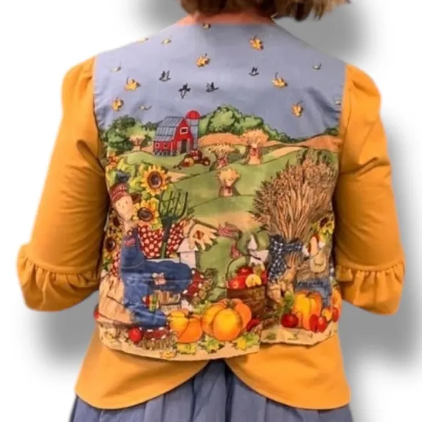 Vintage Handmade Reversible Vest Autumn Pumpkin‎ Scarecrow Farmhouse Blue Orange - Image 10
