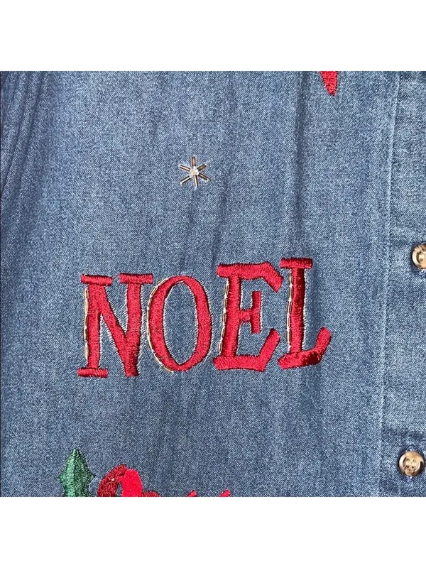 Vintage Jean Shirt Denim Shirt Holiday Embroidery Christmas Cottagecore 90s - Image 4