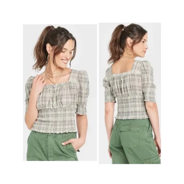 Universal Thread Cotton Square Neck Smocked Puff Sleeve Top Size Medium Gingham - Image 2