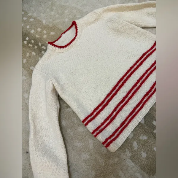 Vintage Unbranded Cream Wool Blend Knit Sweater Red Stripe Preppy Cottage core - Image 4