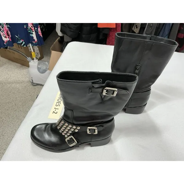 Womans new BCBG Halen Moto Style Boots Size 7 Black Studs Block Heel - Image 2