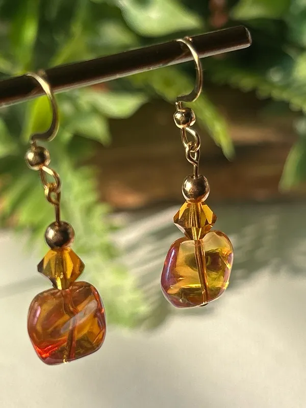 Handmade Amber Glass-like Drop Earrings with Gold Accents - Image 2