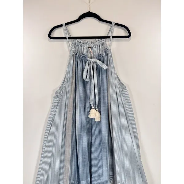 Free People Maxi Dress Blue Paradise and Back Striped Tasseled Flowy Boho Small - Image 6