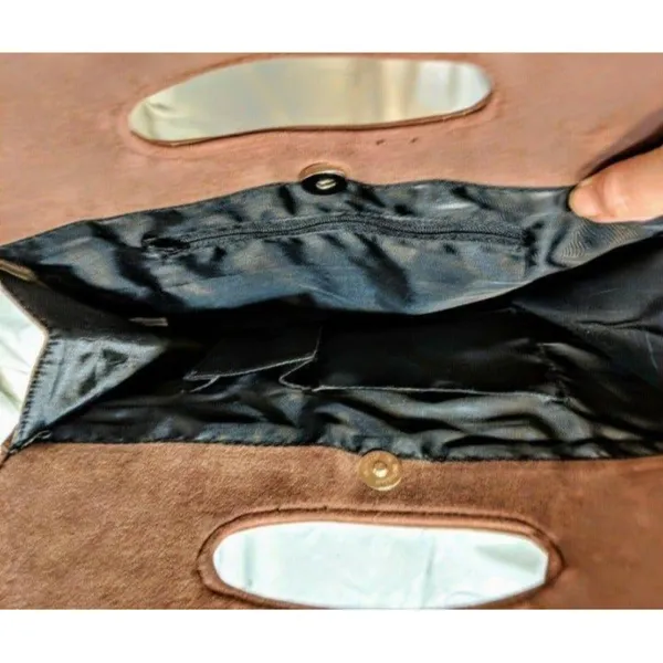 Handmade Vintage-Inspired Brown & Gold Brocade Handbag With Suede Accents Snap Closure & - Image 4