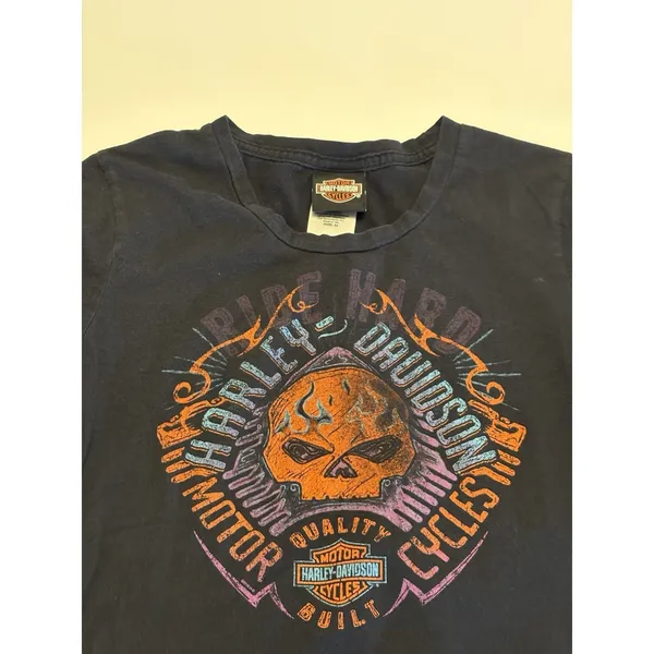 Harley Davidson Skull Graphic T Shirt Womens M Black Biker USA Y2K 2000s Style - Image 2