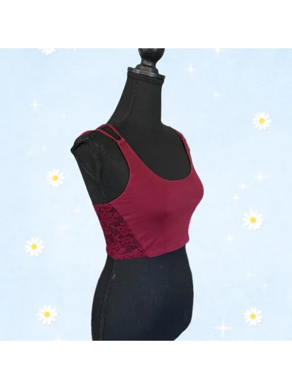 American Eagle Y2K burgundy lace strappy back crop top size XS 💗 - Image 2