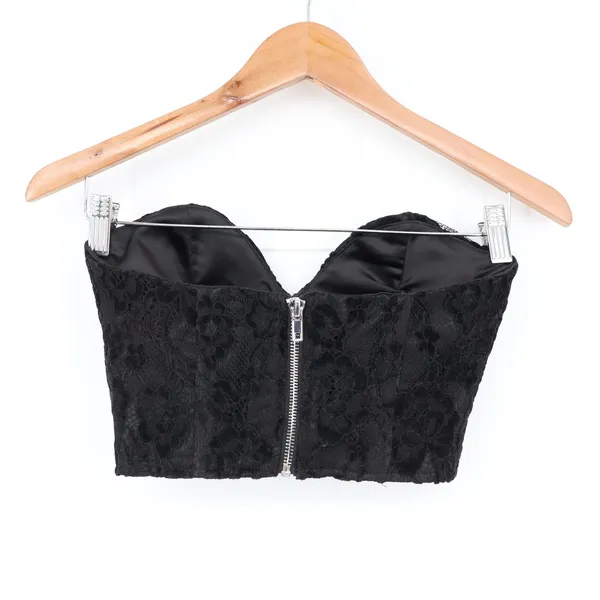 Black Floral Lace Strapless Corset Crop Top Sweetheart Zip Back XS - Image 4