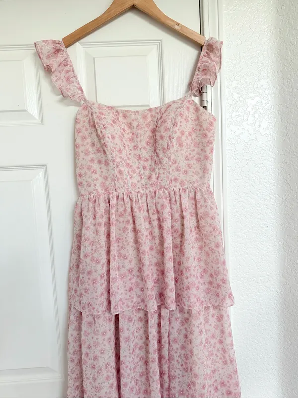 Revelry Poppy Floral Chiffon Ruffle Pink and Ivory Maxi Dress Size 6 - Image 3