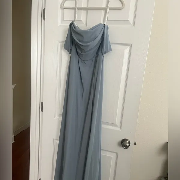 David's Bridal Dusty Blue Off the shoulders dress - Image 3