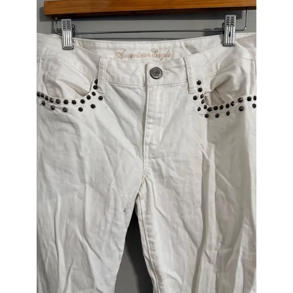 American Eagle Skinny Jeans Women 10 White Studded Pocket Stretch Denim Pants - Image 2