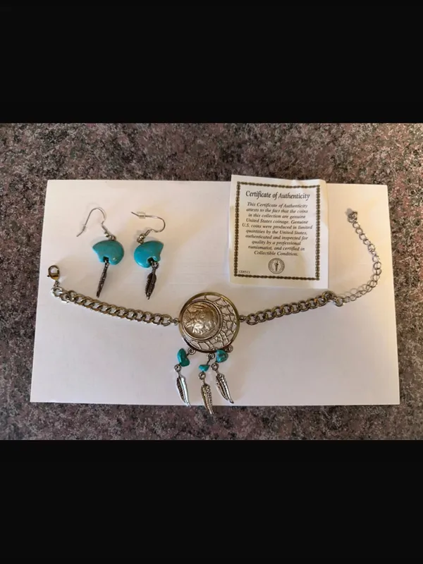 NEW American Coin Buffalo Nickel Dream Catcher Bracelet and turquoise earrings - Image 2