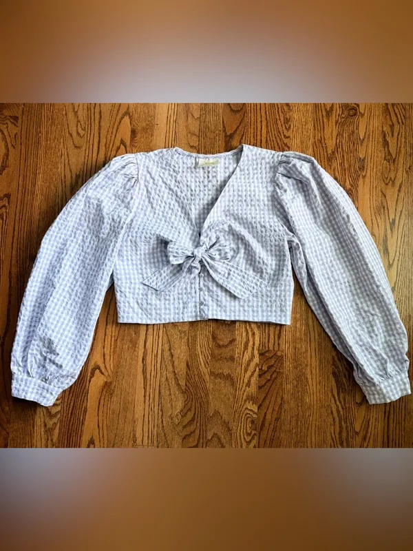 Maeve Anthropologie Cropped Gingham Bow Blouse Lavender Sz 14 Cottage Coastal - Image 5