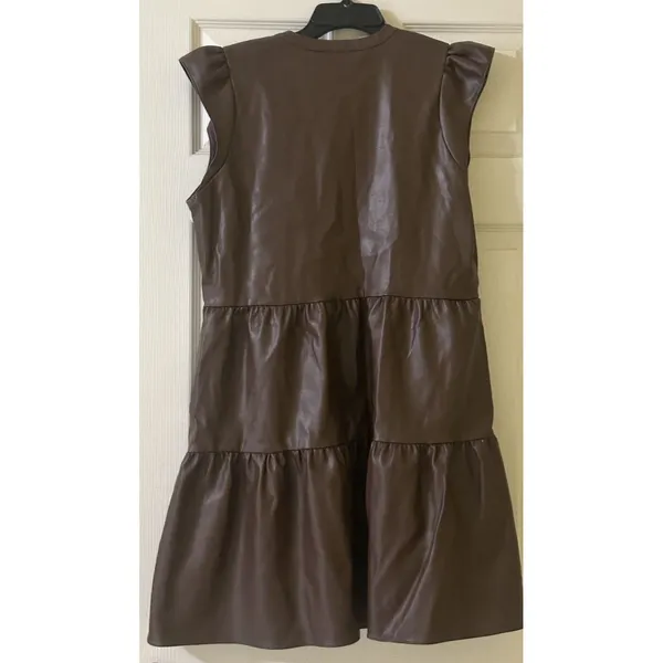 EVEREVE Ella Brown Faux Leather Tiered Babydoll Dress Sz M Boho Chic City Edgy - Image 5