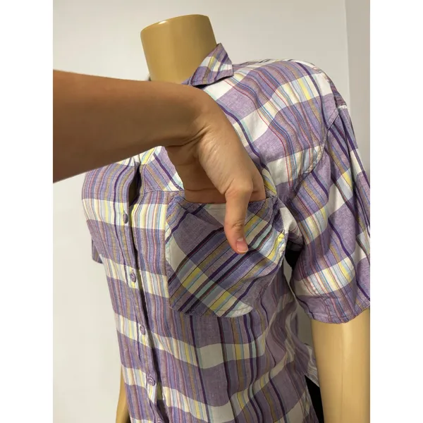 Messages Womens Purple Yellow Plaid Cotton Short Sleeve Button Down Shirt Small - Image 3