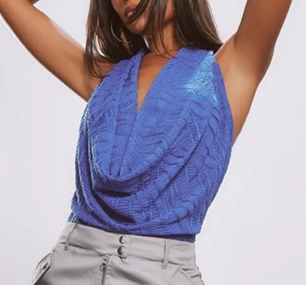 Electric Blue Textured Cowl Neck Blouse - Image 4