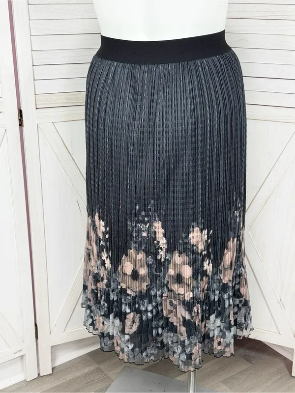 Metrowear Pleated Floral Boarder Sheer Midi‎ Skirt Steel Blue Peach Large - Image 4