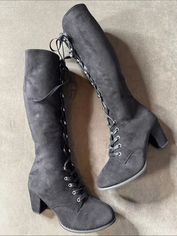 Tall Black Faux Suede Lace-Up Women’s Boots Gothic Size 8.5 (41) NEW - Image 6
