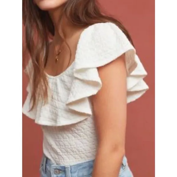 Anthropologie Textured Off The Shoulder Ruffle Top Size Small White - Image 2