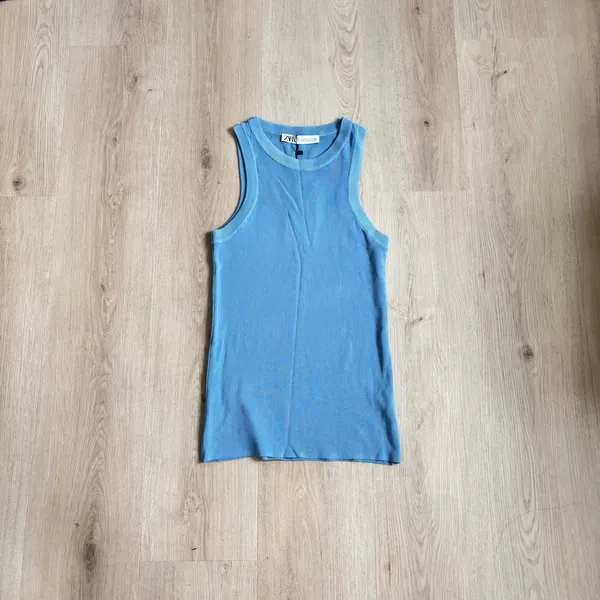 Zara NWT Women's Light Blue Ribbed Knit Tank Top High Neck Size L - Image 7
