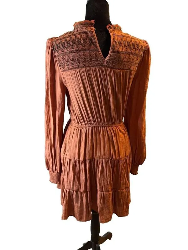 Blu Pepper Rust Smocked Mock Neck Embroidered Tiered Mini Dress - Image 2