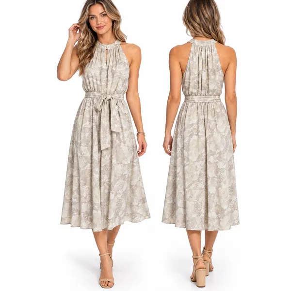 Prologue Midi Dress Womens Small Beige Floral Halter Neck Sleeveless Belted Boho - Image 2