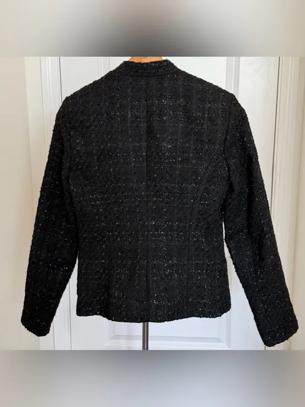Calvin Klein Metallic Bouclé Tweed Open Front Blazer Black 2 - Image 4