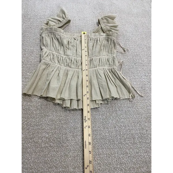 Free People Beige Ruffle Sleeve Drawstring Cropped Blouse Cotton Size S - Image 10