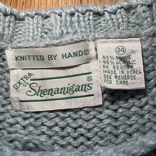 VTG 80s Extra Shenanigans Hand Knit Floral Sweater Blue Cottagecore Ramie sz 24‎ - Image 7