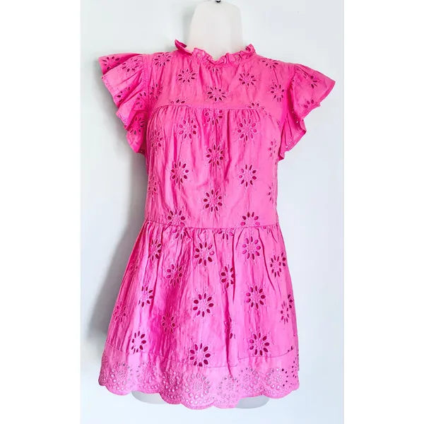 Entro Pink Eyelet Embroidered Cotton Top Flutter Sleeve Ruffle Small Fairy - Image 7