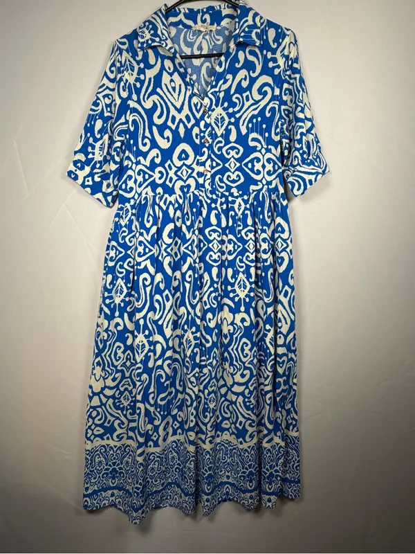 Entro Shirt Dress Women Size S Blue White Ikat Print Midi Side Pockets - Image 2