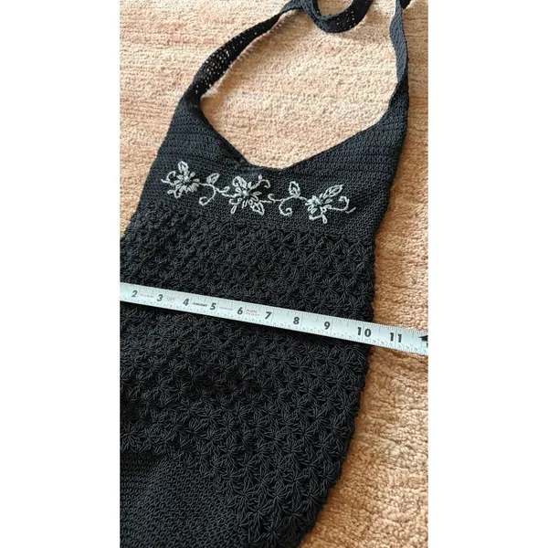 Black Crochet Shoulder Bag with Floral Embroidery - Image 5