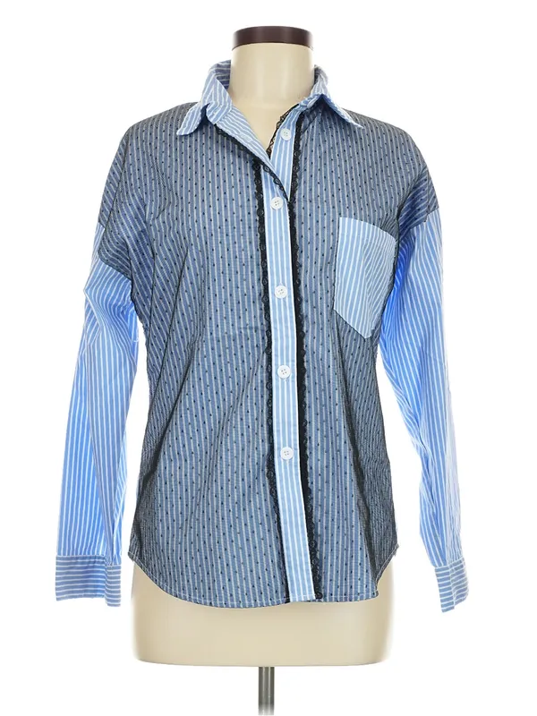Liz & Co Lizette Collection Button-Front collared Mixed-Panel Chevron/Herringbone Shirt M - Image 2