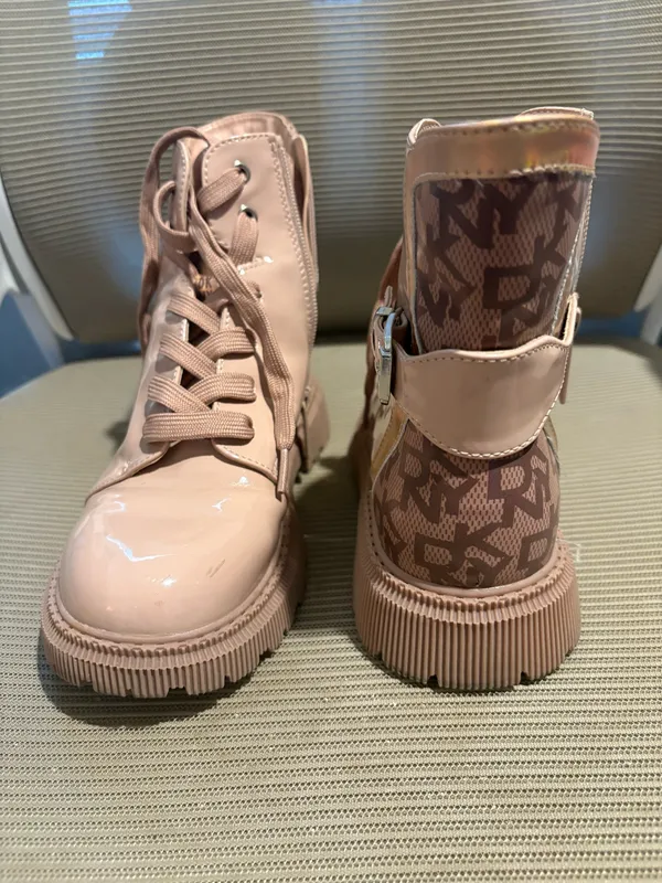 Pink Patent Lace Up Ankle Boots Monogram Print Platform Y2K - Image 2