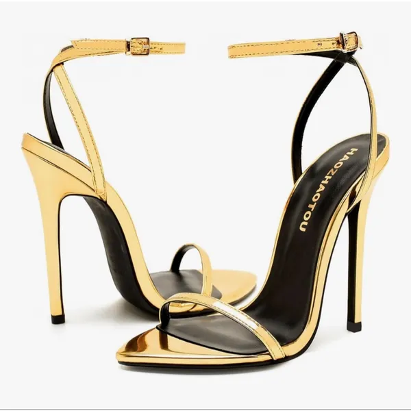 NEW Gold Strappy Lace Up Heels Stiletto Open Toe Strap Dress Shoe 10 - Image 5
