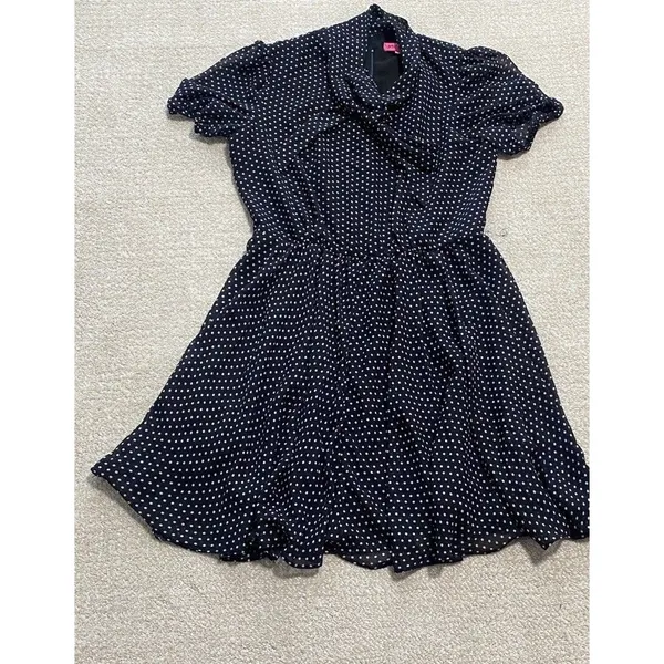 Betsey Johnson Navy Polka Dot Chiffon Puff Sleeve Tie Neck Knee Dress Size 10 - Image 13