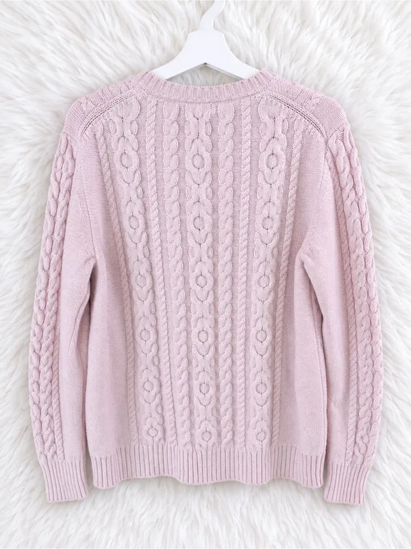 L.L. Bean Light Pink Cable Knit Crewneck Preppy Sweater| Size Large - Image 2