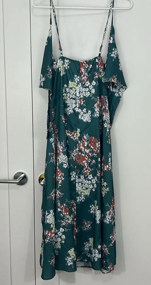 Medium Green, White Floral Tie Front Faux Wrap Midi Dress - Image 12