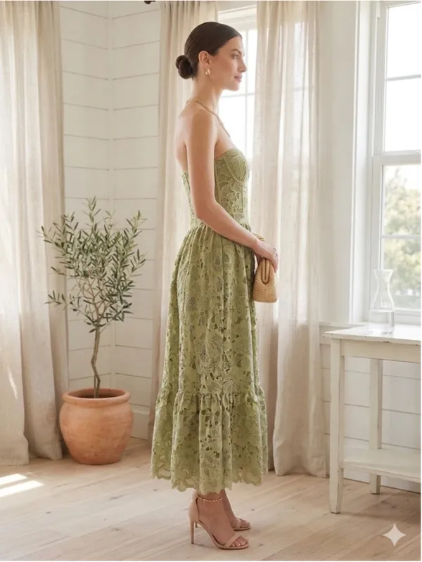 Glam Sage Green Lace Corset Maxi Dress Strapless Cutout Crochet Floral XL Summer - Image 2