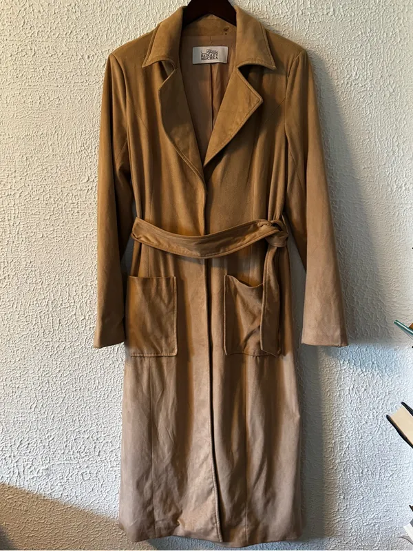 Badgley Mischka Tan Faux Suede Camel Long Belted Trench Coat - Image 3
