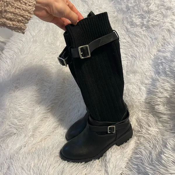 Kawaii Black Knitted socks belted Boots - Image 5