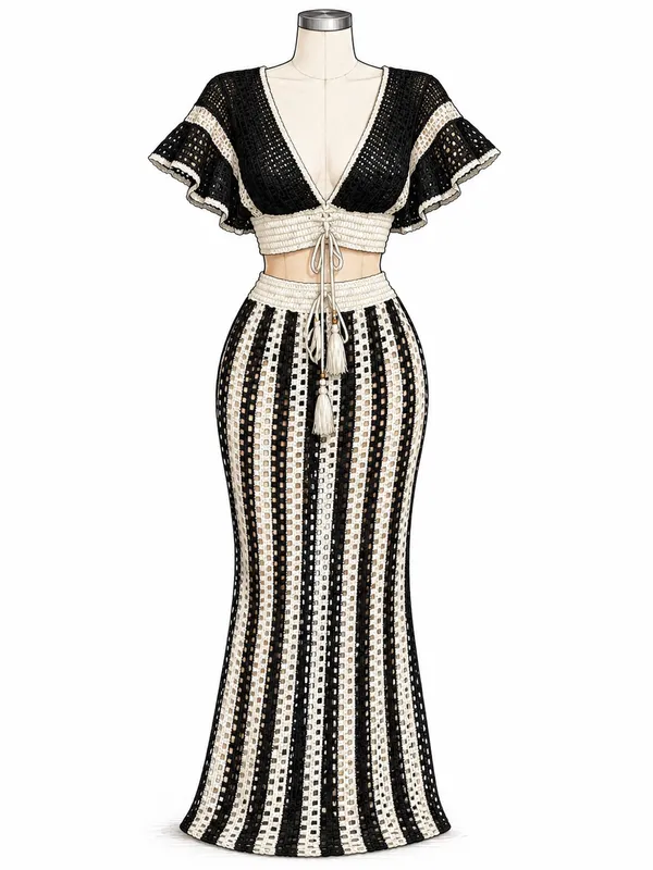 Black & White Crochet Maxi Skirt - Beach-Ready Style - Image 2
