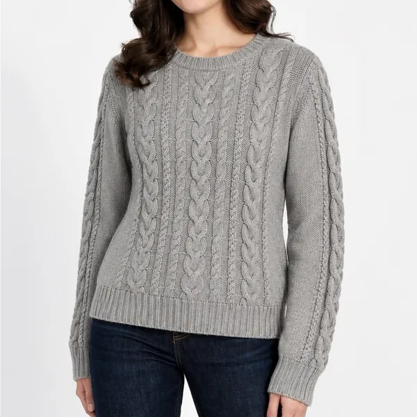LL Bean GRAY Double L Mixed Cable Cotton Crew Neck Pullover Sweater SMALL PETITE Size undefined - Image 2