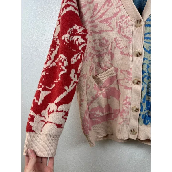 Polagram Cardigan Women Large Multicolor Floral Colorblock Jacquard Knit Sweater - Image 2