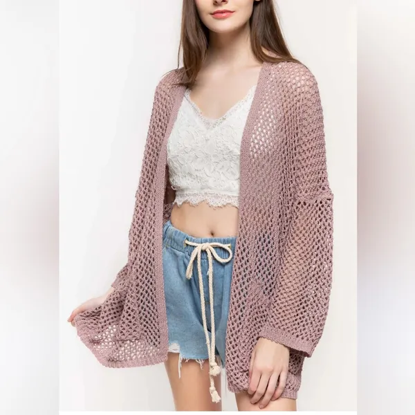 POL Lightweight Open Weave Boxy Kimono Cardigan - Image 3