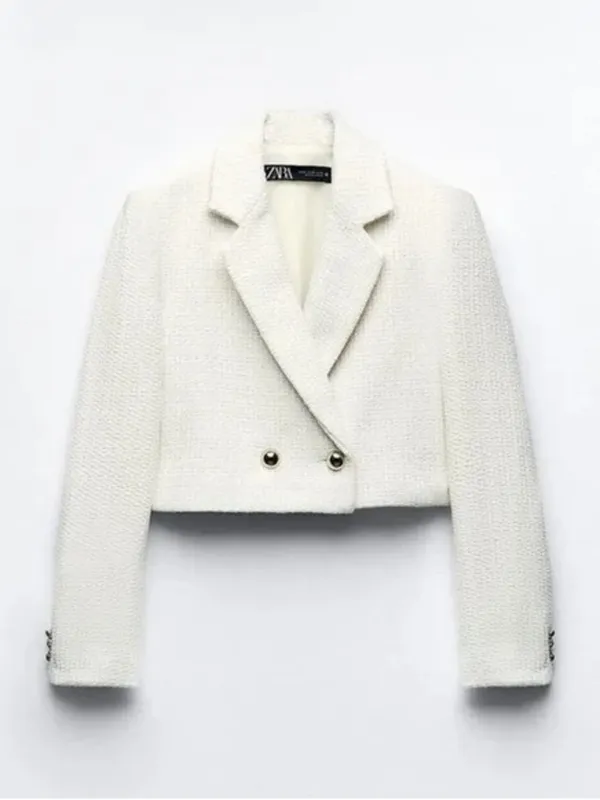 Zara tweed blazer jacket cropped textured ecru double breasted tailored - Image 6