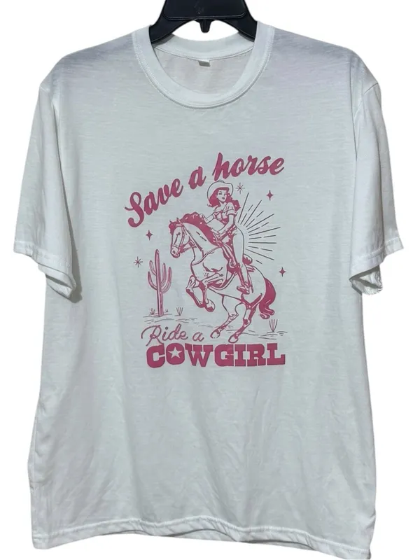 Save a Horse, Ride a Cowgirl Graphic Tee L 22” p2p White NWOT - Image 2