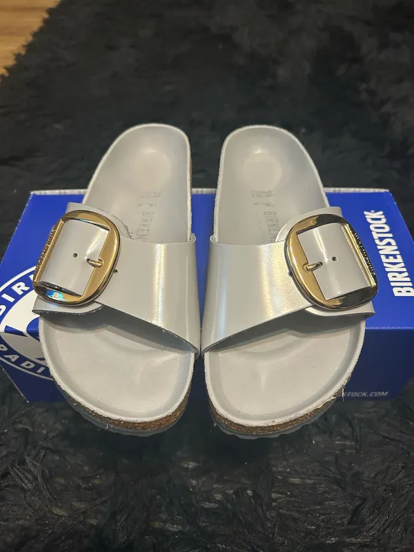 BIRKENSTOCK Madrid gray leather gold buckle sandals slippers shoes women’s eur 39 new - Image 6