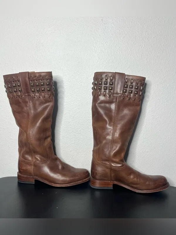 Sendra 9177 Brown Leather Studded Pull On Tall Riding Boots Size 7.5 - Image 2