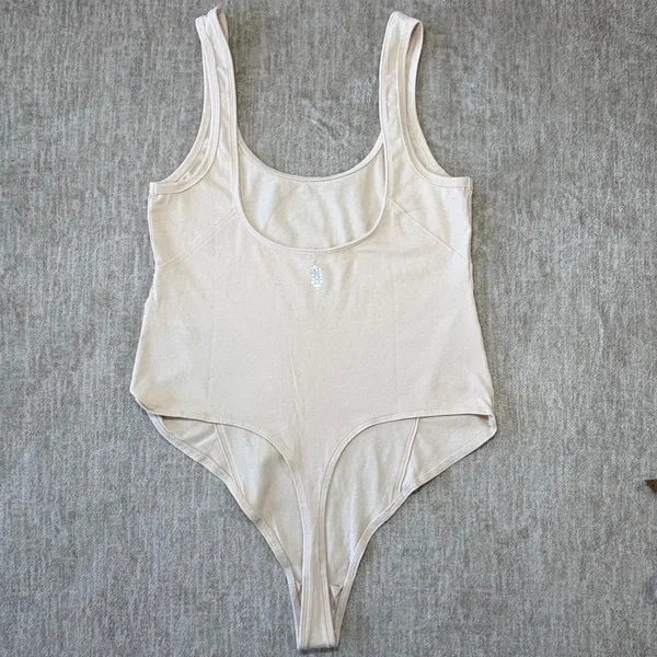 Free People Movement Bodysuit L Beige Scoop‎ Neck High Cut Stretch Leotard Thong - Image 2
